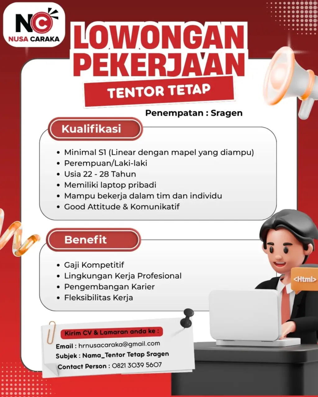 Poster Lowongan Kerja TENTOR TETAP - NUSA CARAKA