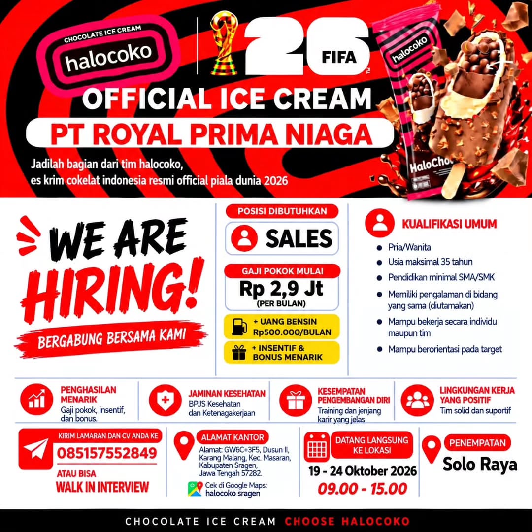 Poster Lowongan Kerja Sales - PT Royal Prima Niaga (Halocoko)