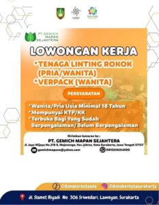 Lowongan Kerja di PT. Gemich Mapan Sejahtera (Tenaga Linting Rokok & Verpack) – Surakarta