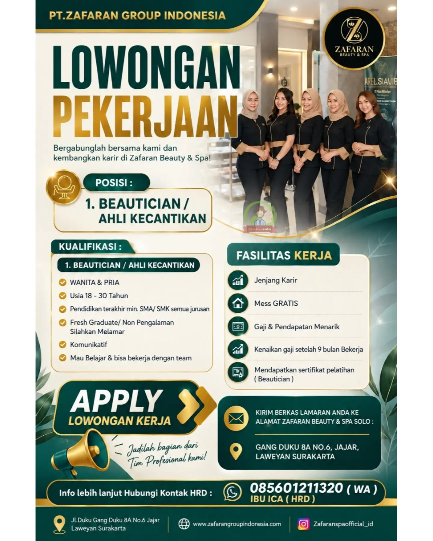 Poster Lowongan Kerja Beautician / Ahli Kecantikan - PT Zafaran Group Indonesia (Zafaran Beauty & Spa)