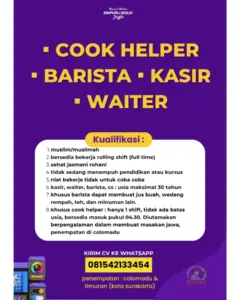 Lowongan Kerja di Rumah Makan Dapur Solo Joglo (4 Posisi (Cook Helper, Barista, dll)) – Surakarta & Karanganyar