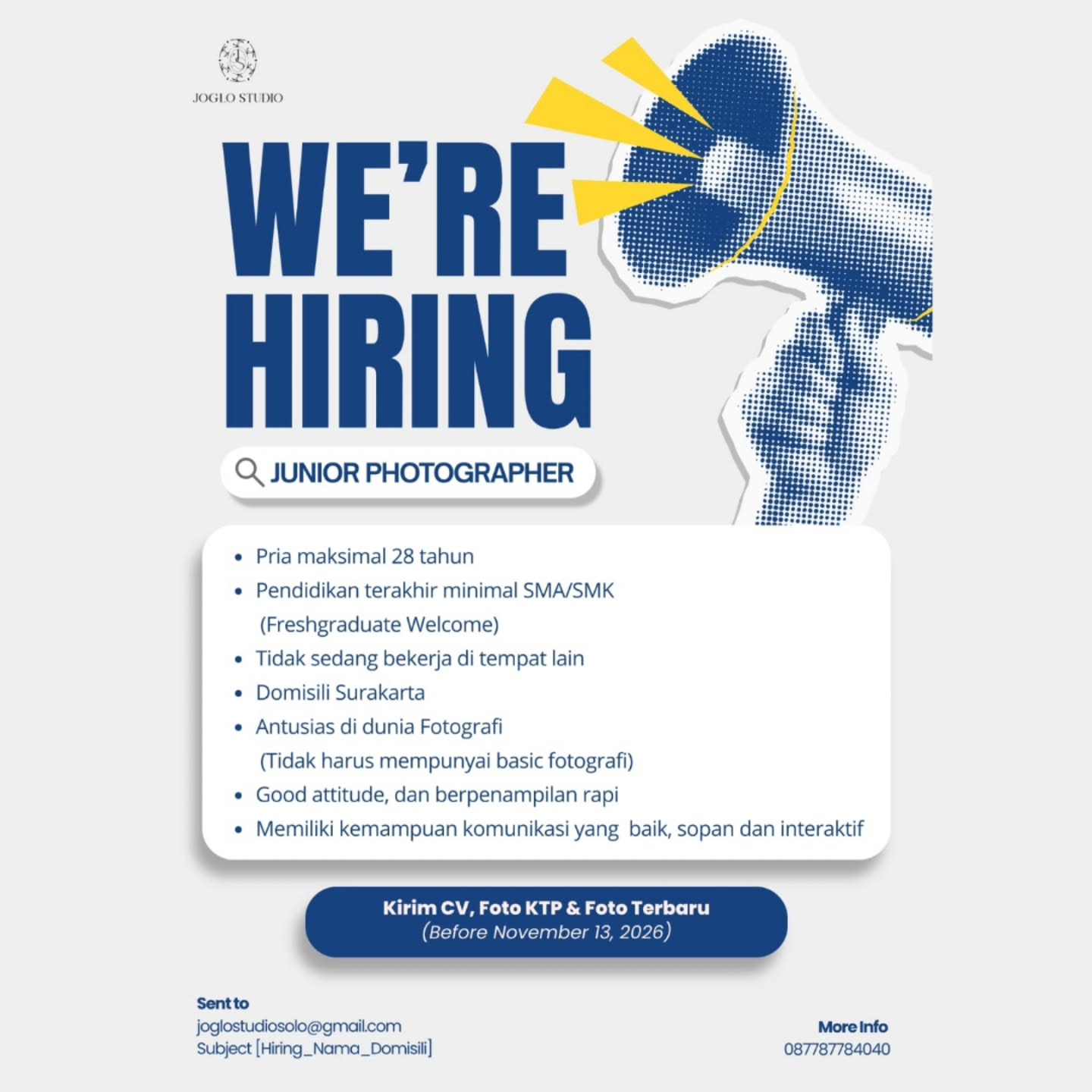 Poster Lowongan Kerja Junior Photographer - Joglo Studio