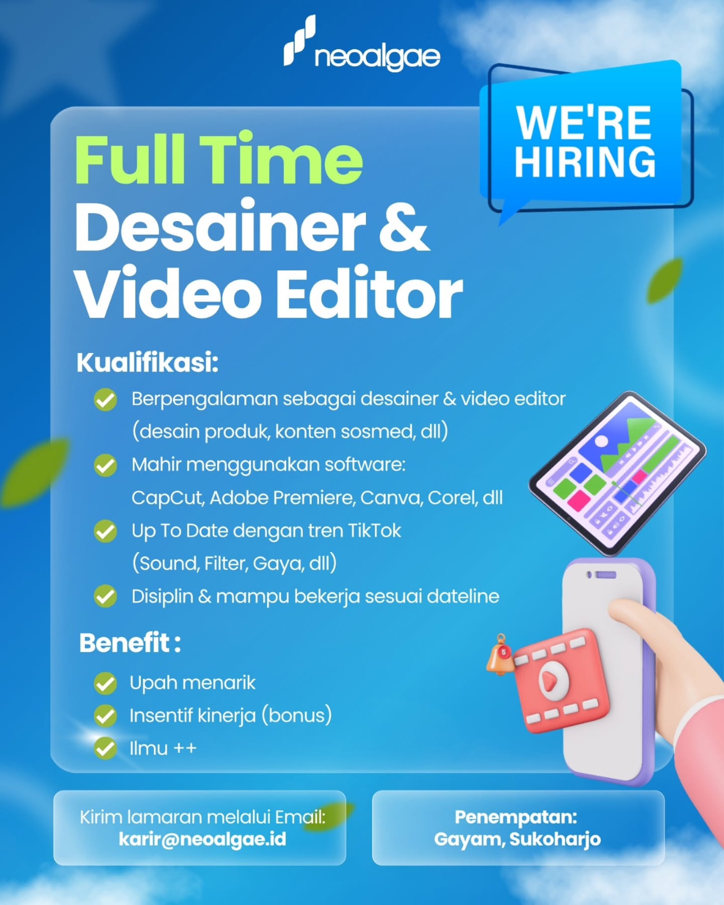 Poster Lowongan Kerja Desainer & Video Editor - Neoalgae