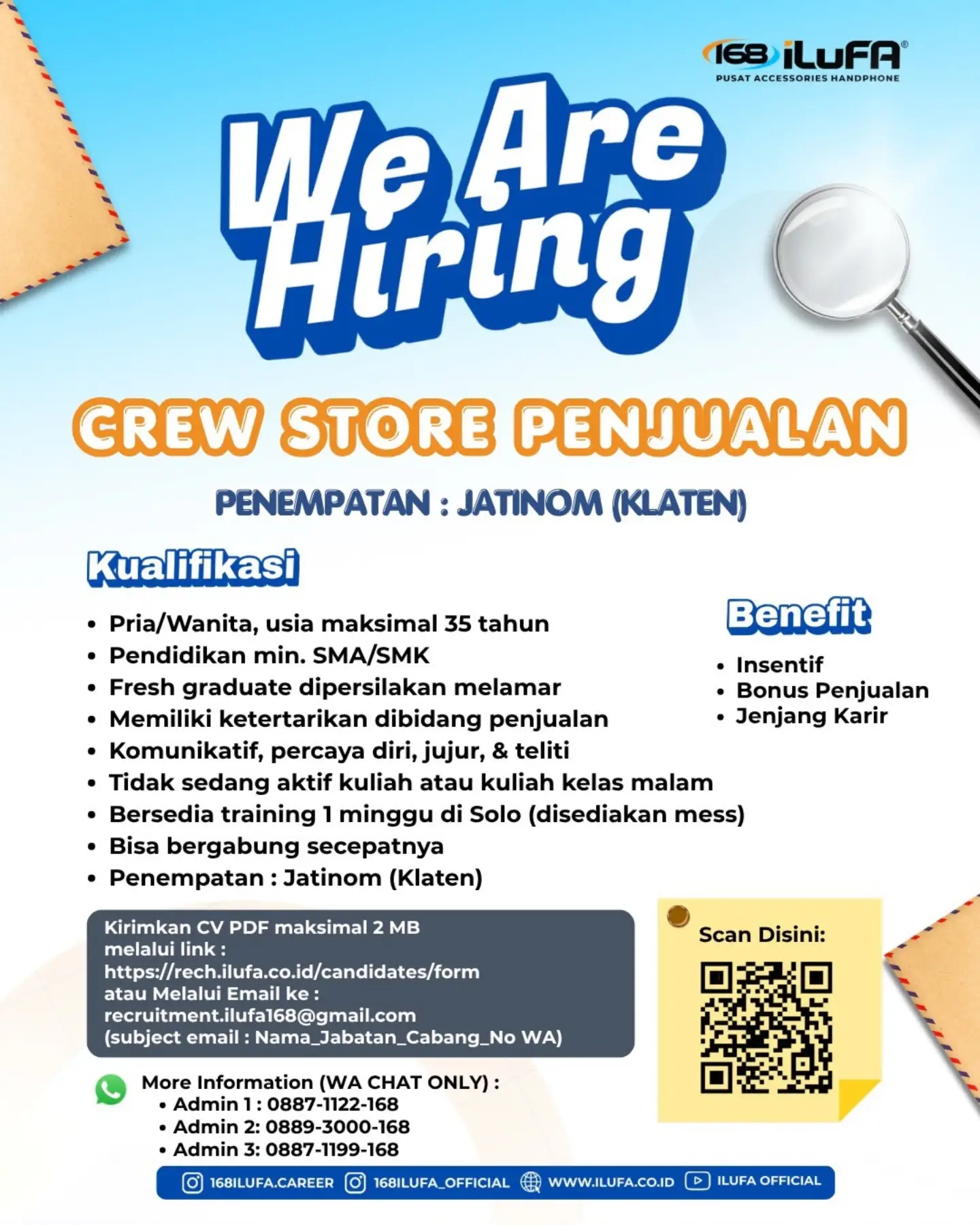 Poster Lowongan Kerja Crew Store Penjualan - 168 iLUFA Pusat Accessories Handphone