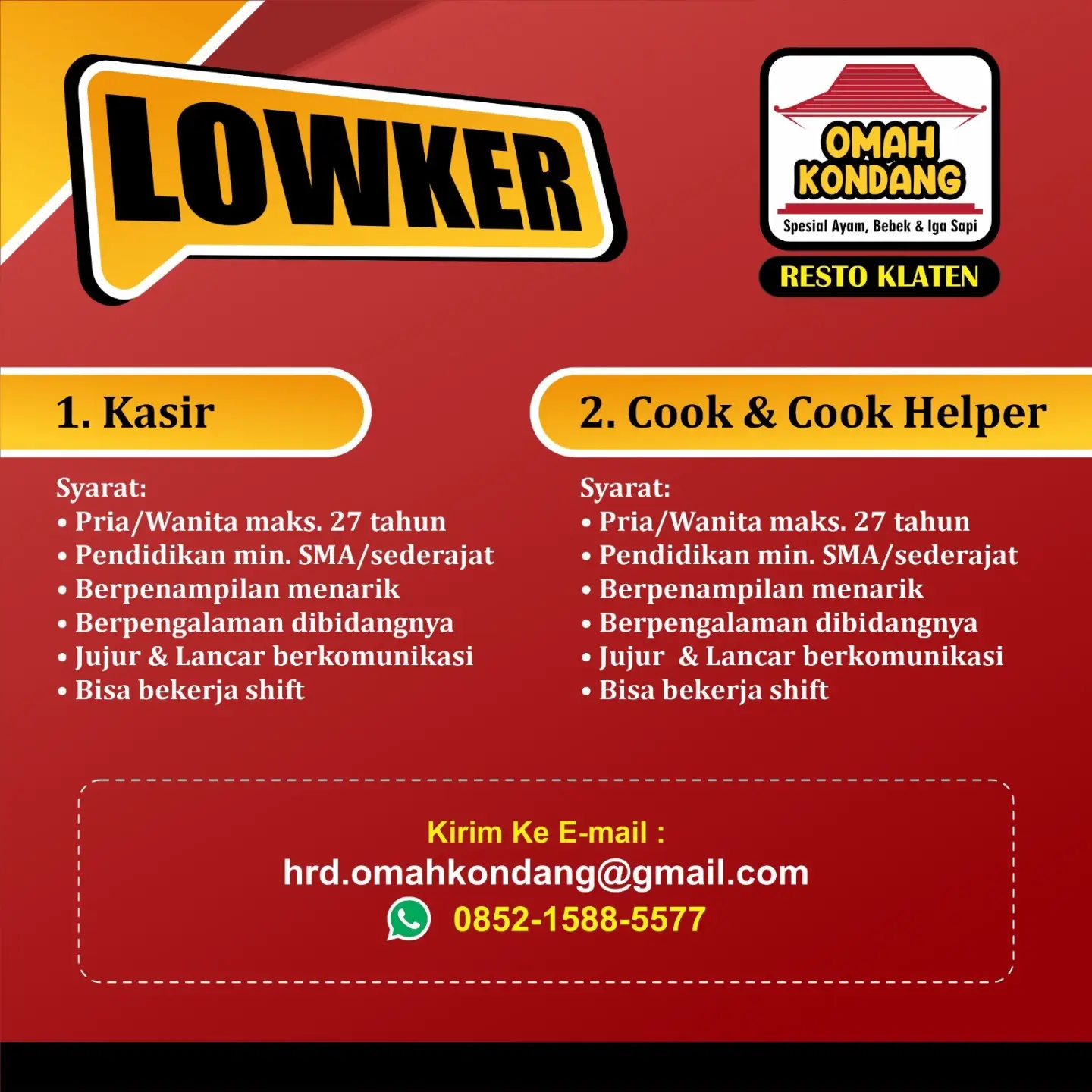 Poster Lowongan Kerja Omah Kondang Resto