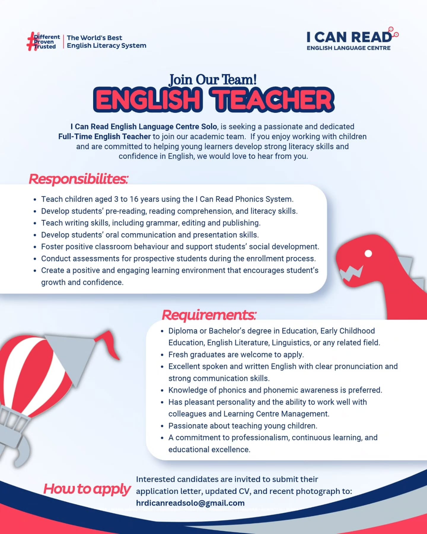 Poster Lowongan Kerja English Teacher - I CAN READ English Language Centre Solo