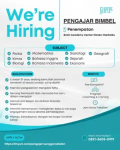 Lowongan Kerja Pengajar Bimbel di Ruangguru (Brain Academy Center Klaten-Merbabu) (Klaten)