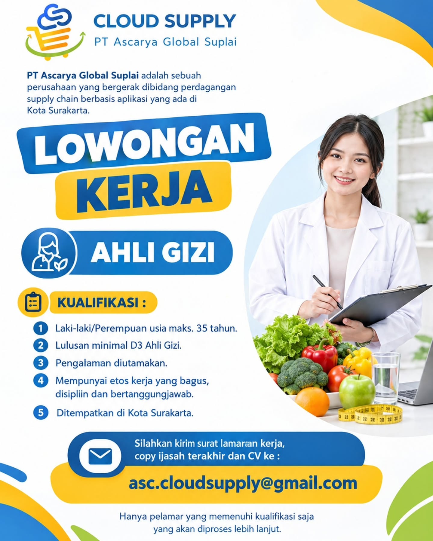 Poster Lowongan Kerja Ahli Gizi - PT Ascarya Global Suplai (Cloud Supply)