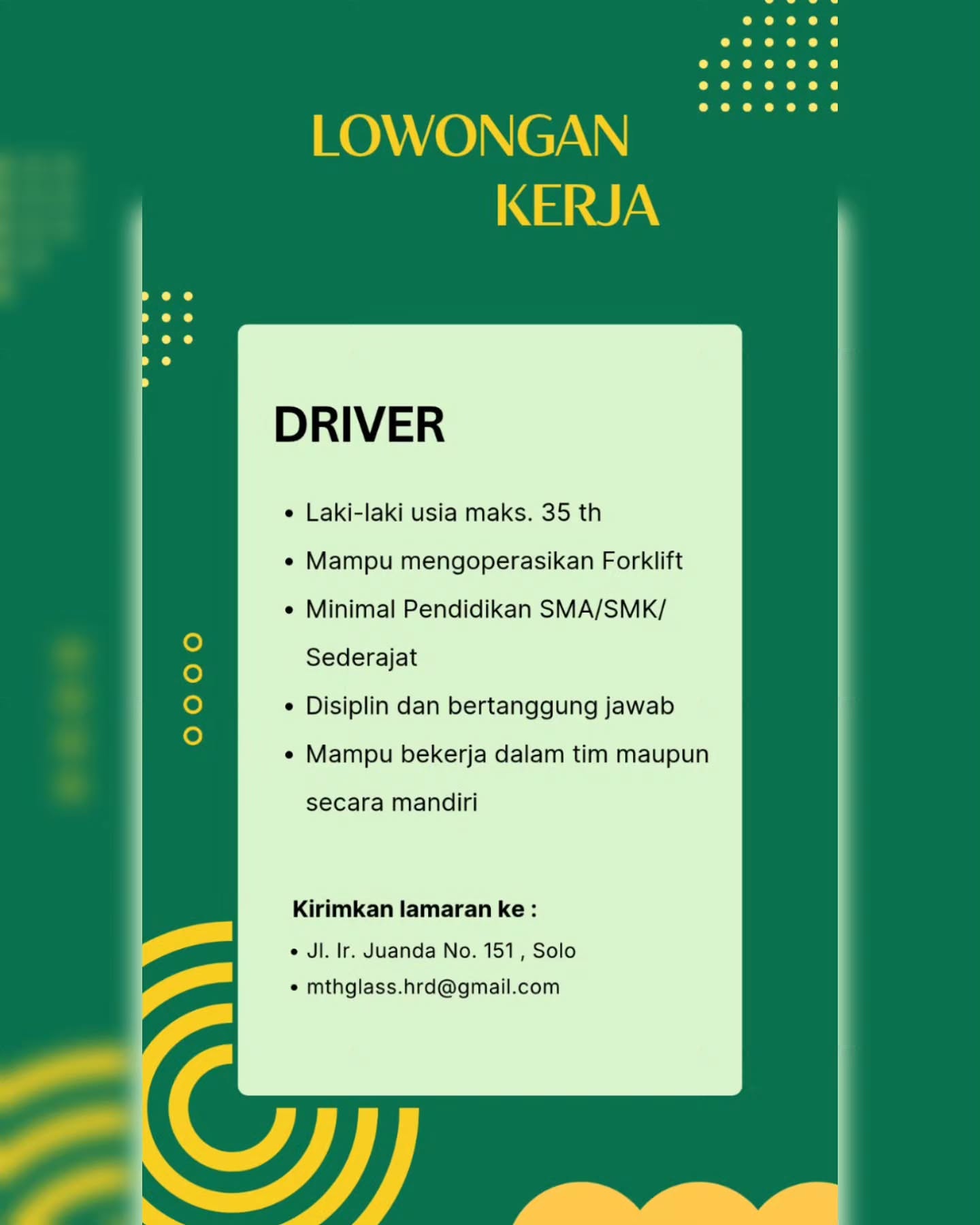 Poster Lowongan Kerja Driver - MTH Glass