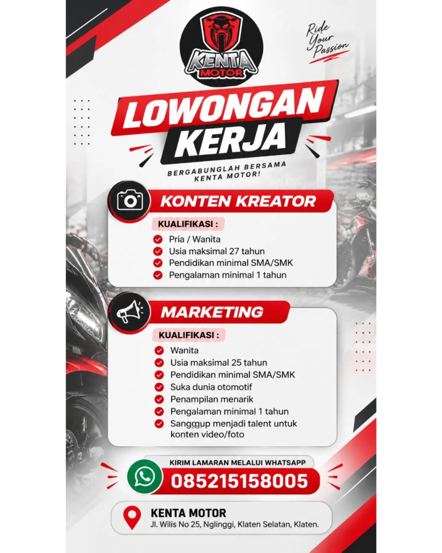 Poster Lowongan Kerja Kenta Motor & Fumio Shop Slide 1