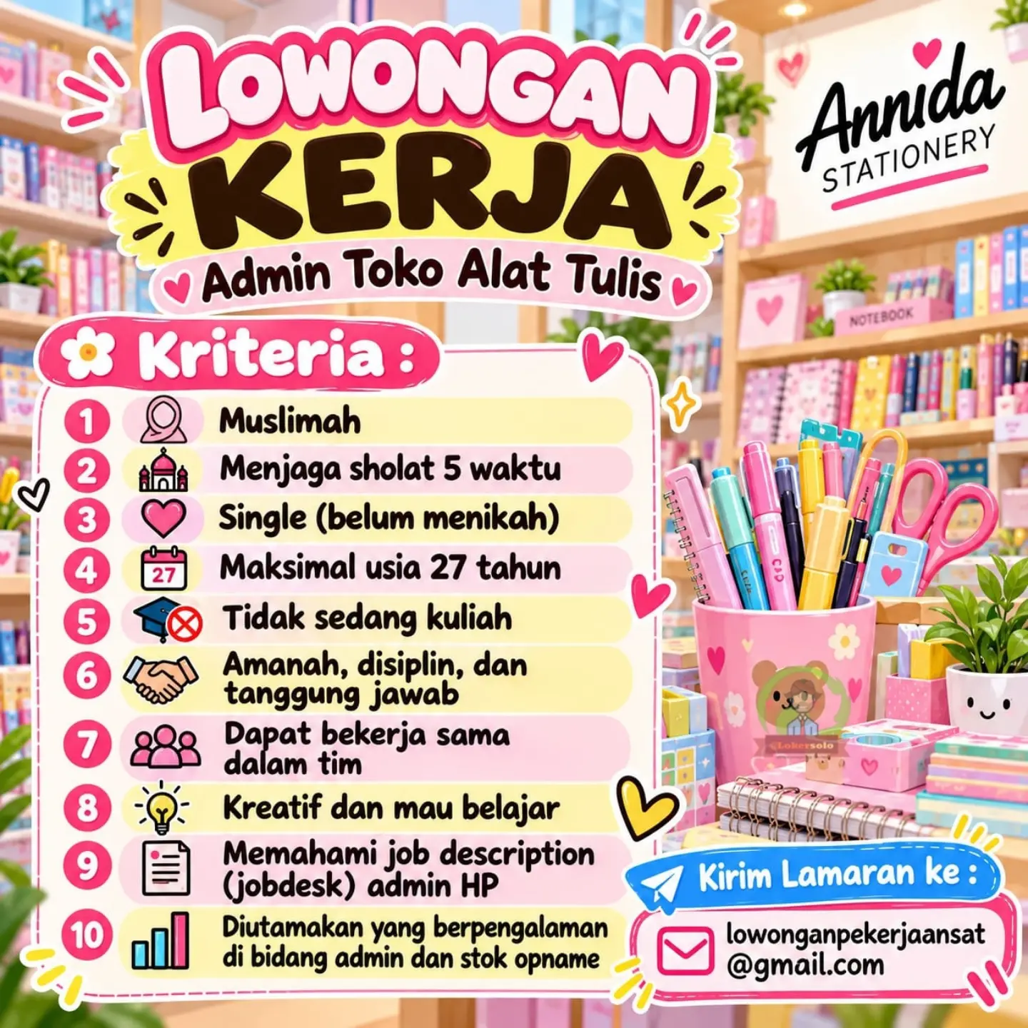 Poster Lowongan Kerja Admin Toko Alat Tulis - Annida Stationery (Toko Annida)