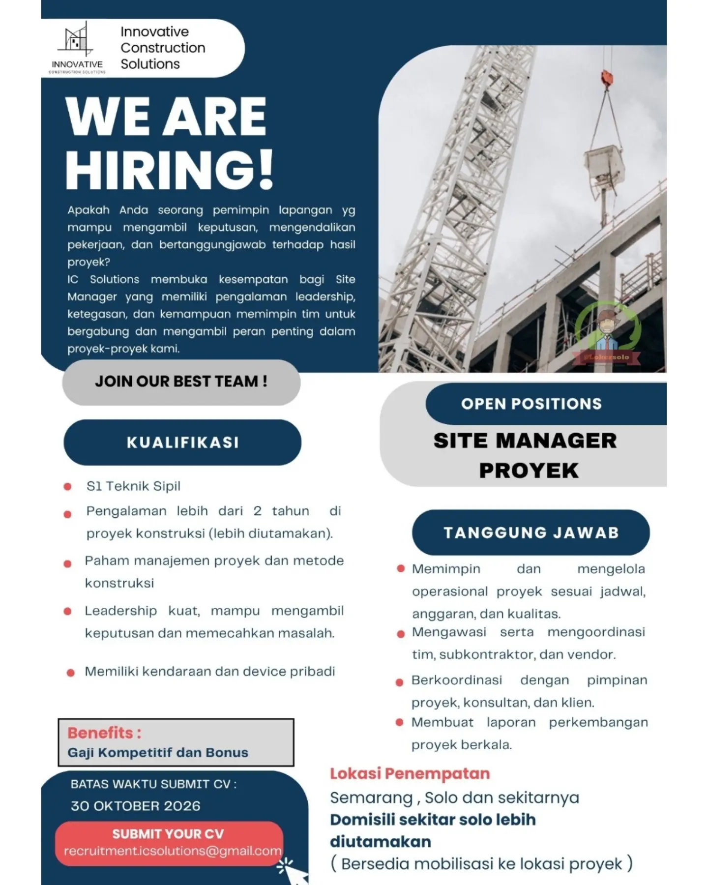 Poster Lowongan Kerja Site Manager Proyek - Innovative Construction Solutions