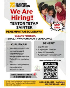 Lowongan Kerja Tentor Tetap Saintek (SMP/SMA) di Seventh Education (Solo Raya (Teras, Tawangmangu, Gemolong))