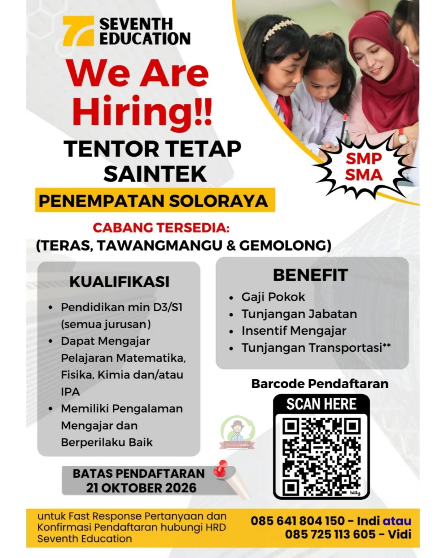 Poster Lowongan Kerja Tentor Tetap Saintek (SMP/SMA) - Seventh Education
