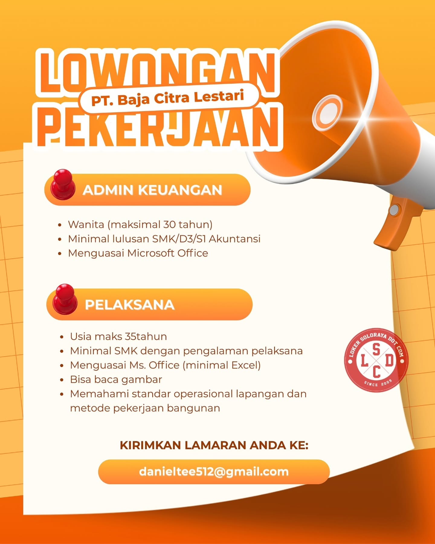Poster Lowongan Kerja PT Baja Citra Lestari