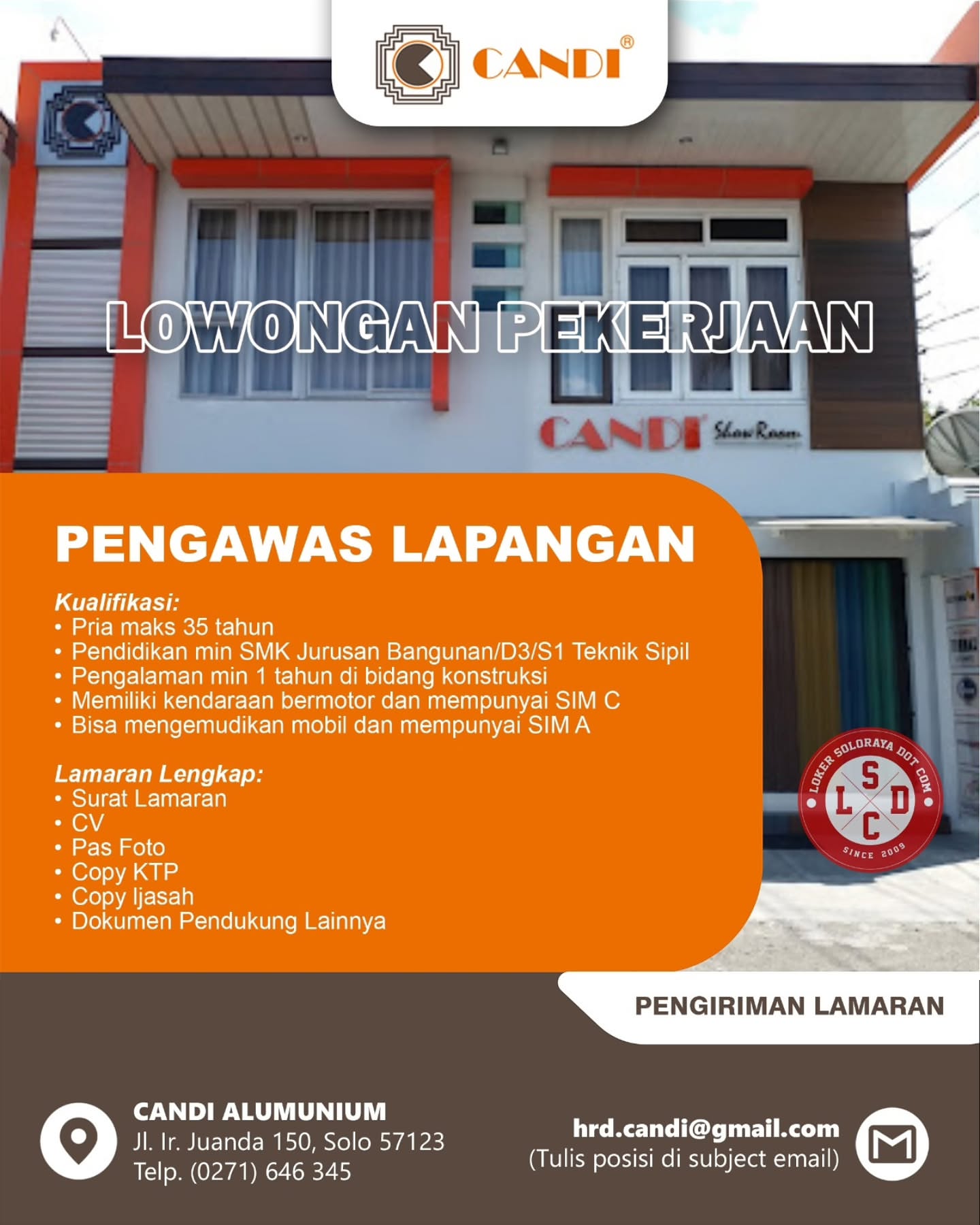 Poster Lowongan Kerja Pengawas Lapangan - Candi Aluminium