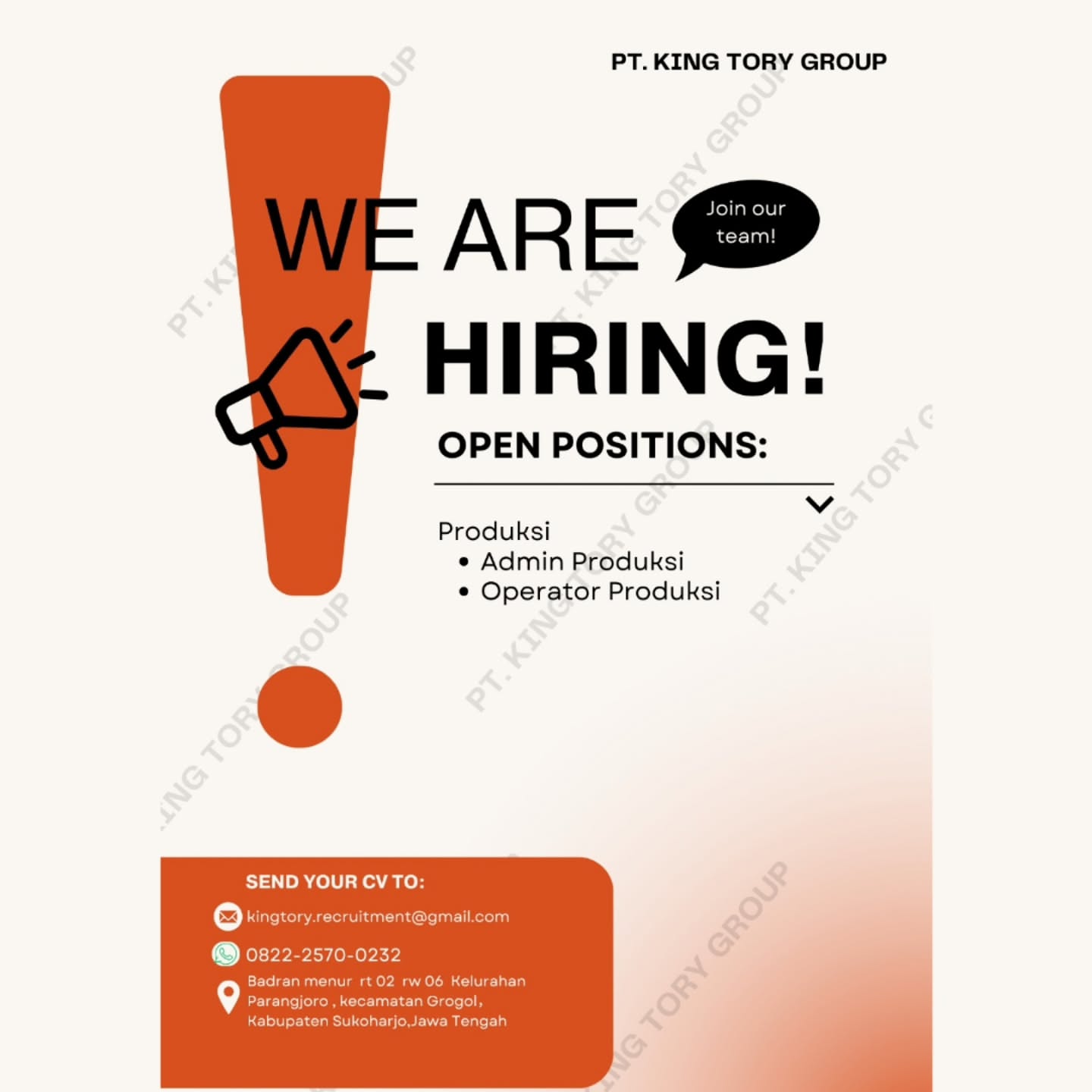 Poster Lowongan Kerja PT. KING TORY GROUP Slide 1