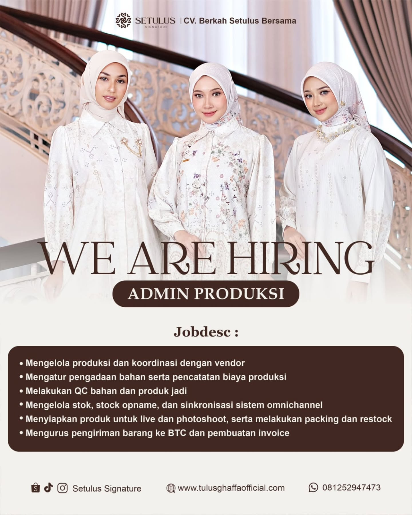 Poster Lowongan Kerja Admin Produksi - Setulus Signature (CV. Berkah Setulus Bersama)
