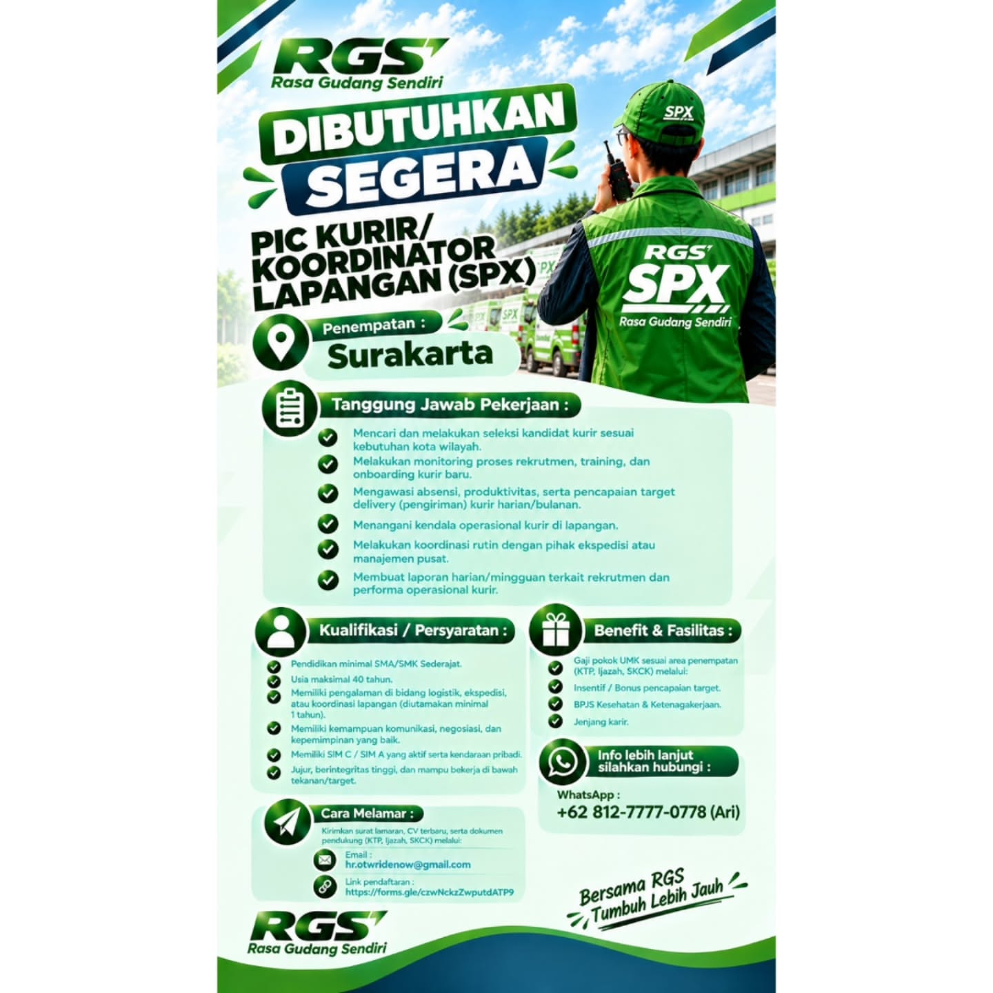 Poster Lowongan Kerja PIC Kurir / Koordinator Lapangan (SPX) - RGS (Rasa Gudang Sendiri) - SPX