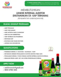 Lowongan Kerja di PT Wowin Purnomo Putera (Wowin Food) (Junior Internal Auditor, Marketing Modern Trade & Horeca, & Digital Marketing Specialist & Content Creation) – Karanganyar