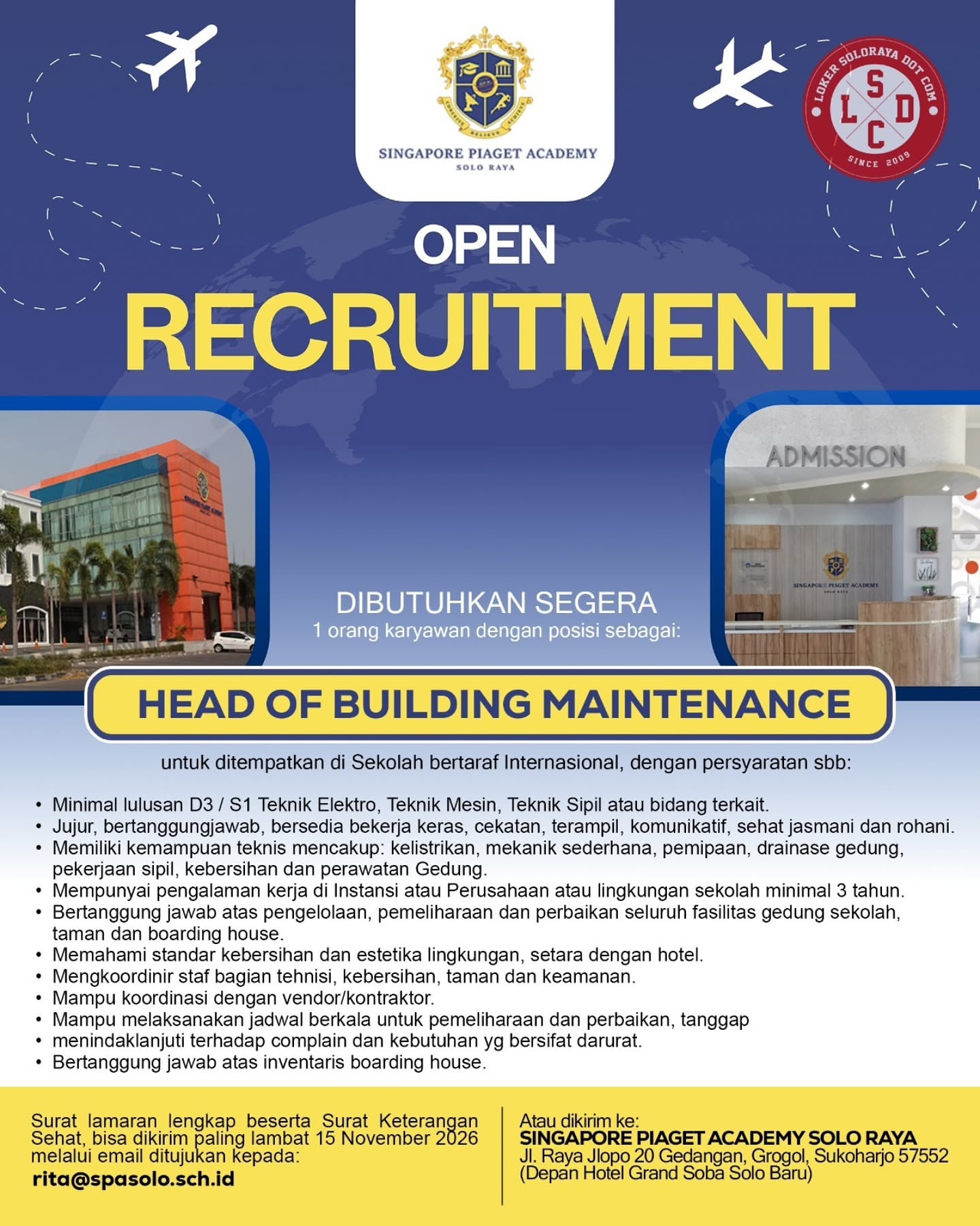 Poster Lowongan Kerja Head of Building Maintenance - Singapore Piaget Academy Solo Raya