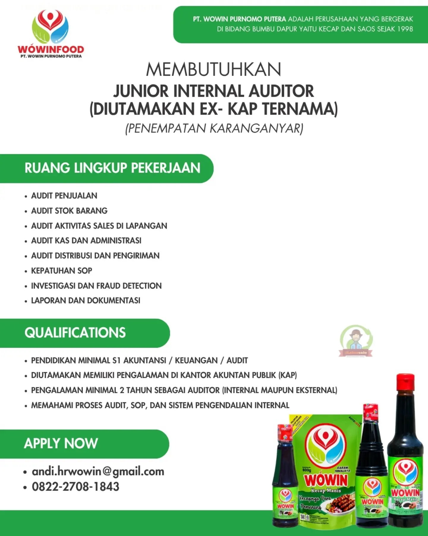 Poster Lowongan Kerja PT Wowin Purnomo Putera (Wowin Food) Slide 1