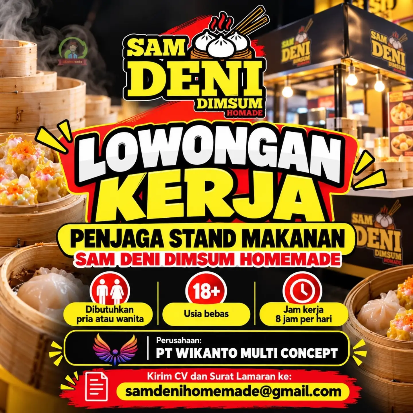 Poster Lowongan Kerja Penjaga Stand Makanan - Sam Deni Dimsum Homemade (PT Wikanto Multi Concept)