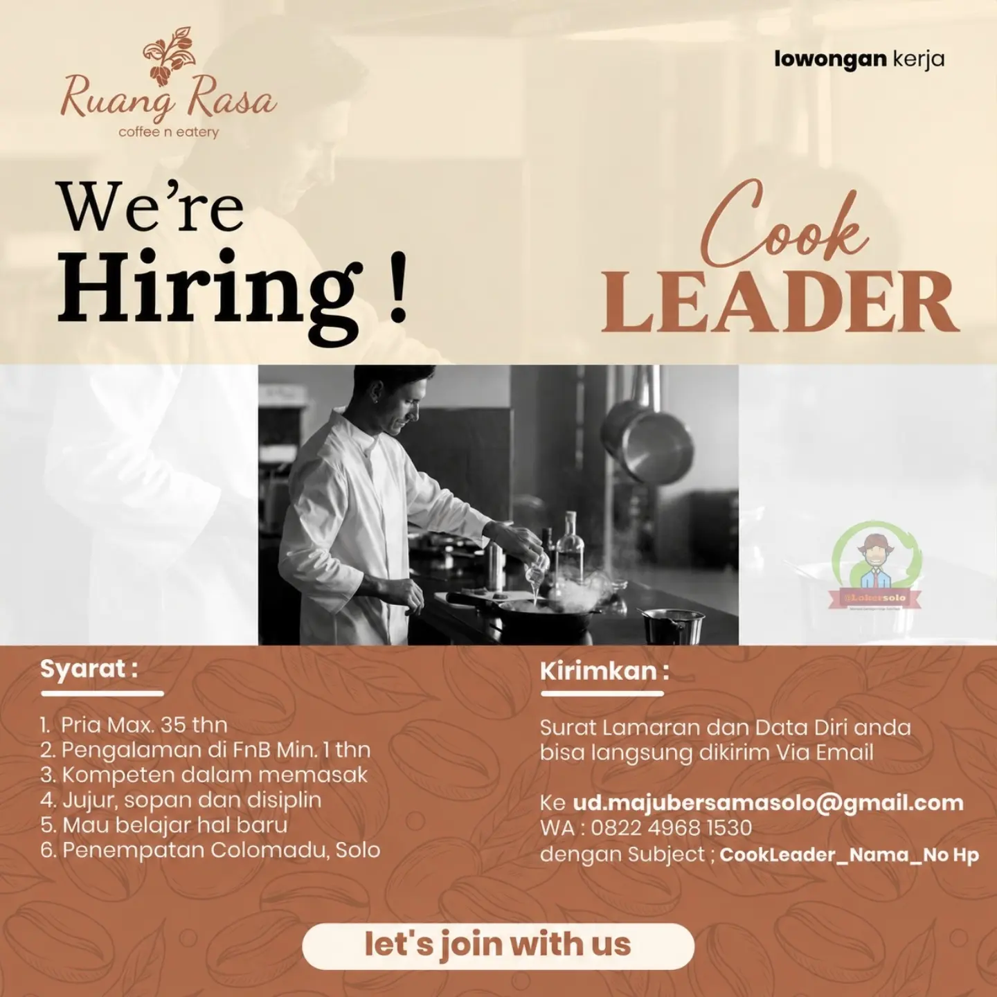 Poster Lowongan Kerja Cook Leader - Ruang Rasa Coffee n Eatery