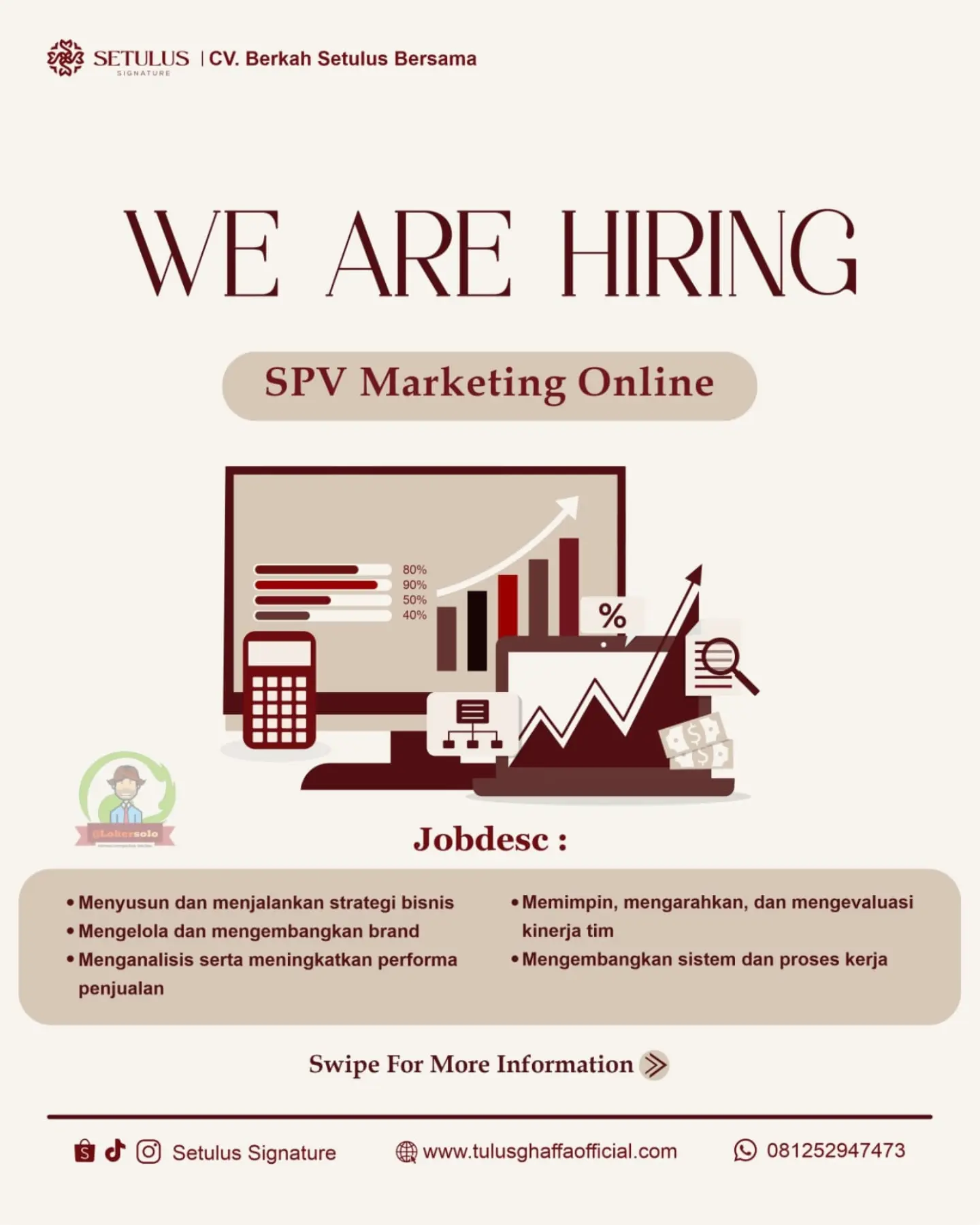 Poster Lowongan Kerja SPV Marketing Online - Setulus Signature (CV. Berkah Setulus Bersama)