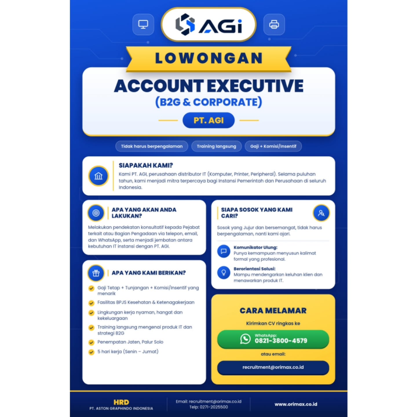 Poster Lowongan Kerja Account Executive (B2G & Corporate) - PT. AGI (PT. Aston Graphindo Indonesia)