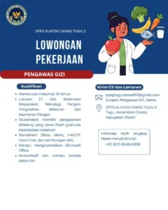 Lowongan Kerja Pengawas Gizi di SPPG Klaten Cawas Tugu 2 (Tugu, Cawas, Klaten)