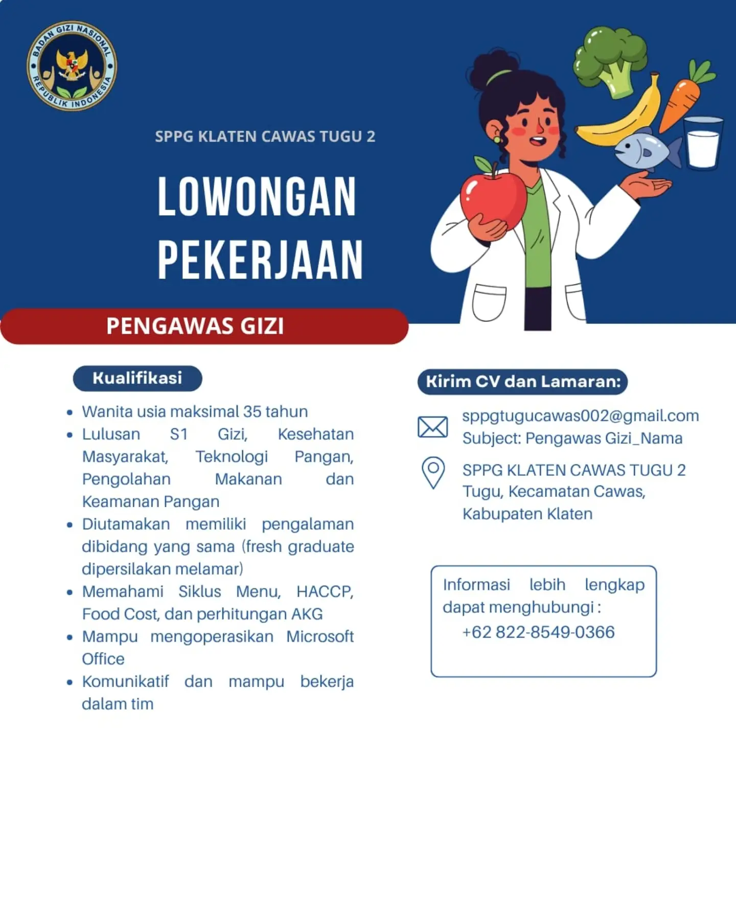 Poster Lowongan Kerja Pengawas Gizi - SPPG Klaten Cawas Tugu 2
