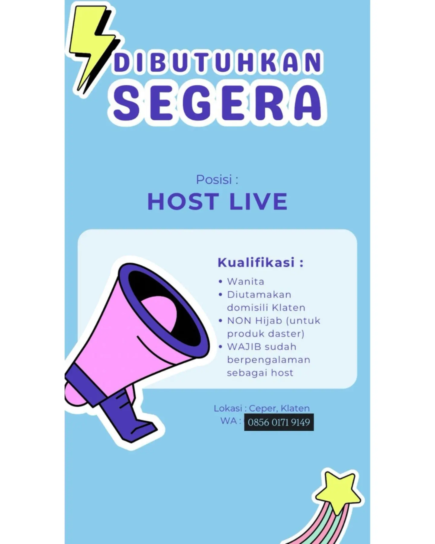Poster Lowongan Kerja Host Live - Host Live Daster Ceper
