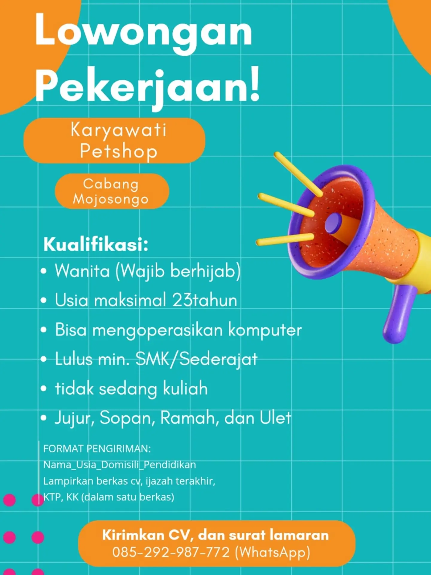 Poster Lowongan Kerja Karyawati Petshop - Petshop Cabang Mojosongo