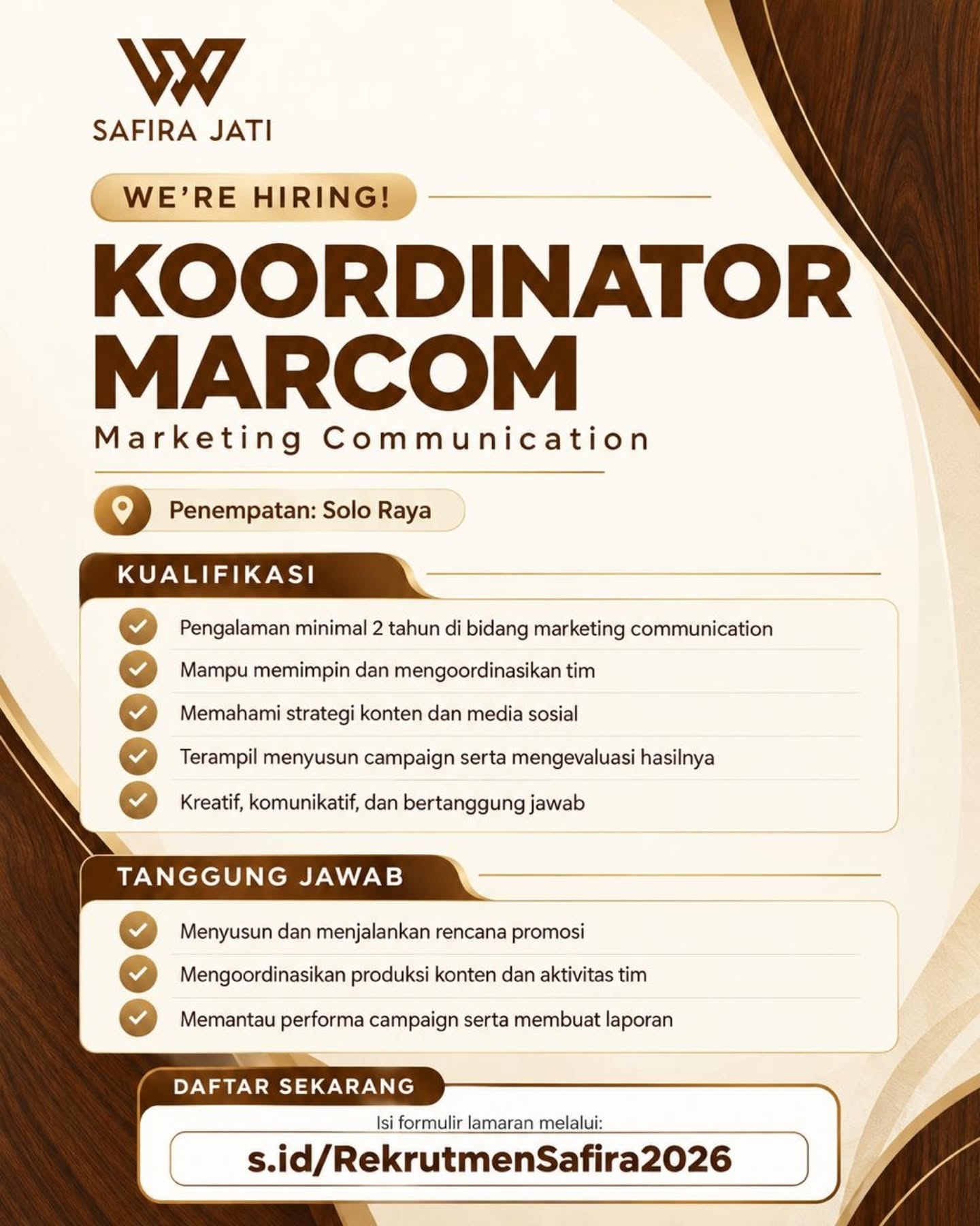 Poster Lowongan Kerja Koordinator Marcom (Marketing Communication) - Safira Jati