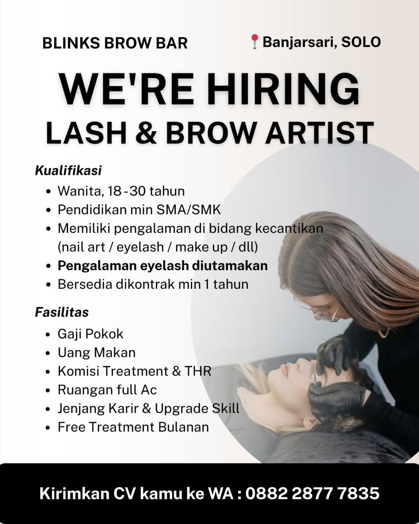 Poster Lowongan Kerja Brow & Lash Artist - Blinks Brow Bar Solo