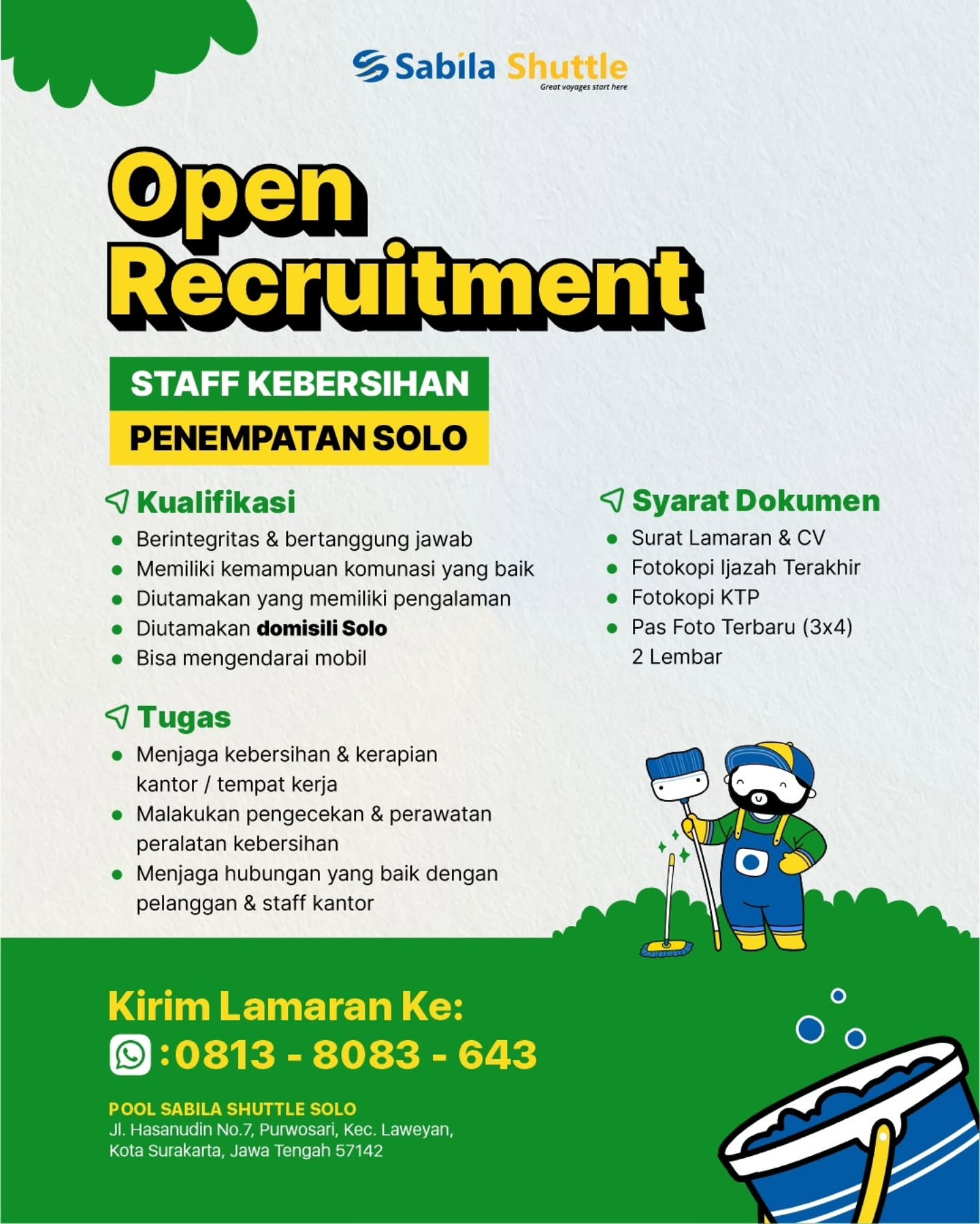 Poster Lowongan Kerja Staff Kebersihan - Sabila Shuttle Solo