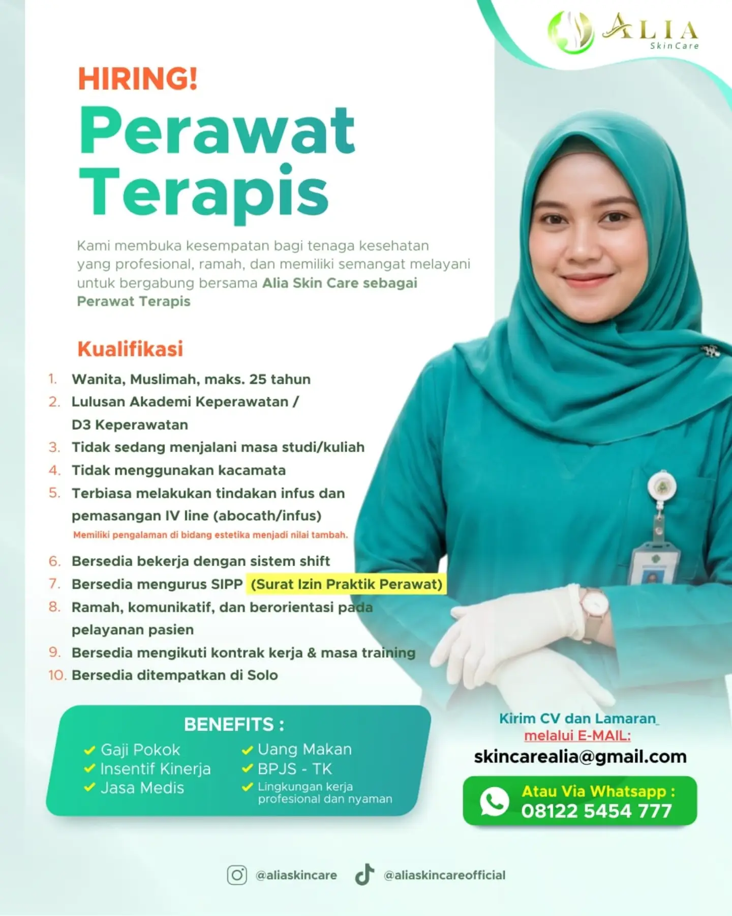 Poster Lowongan Kerja Perawat Terapis - Alia Skin Care