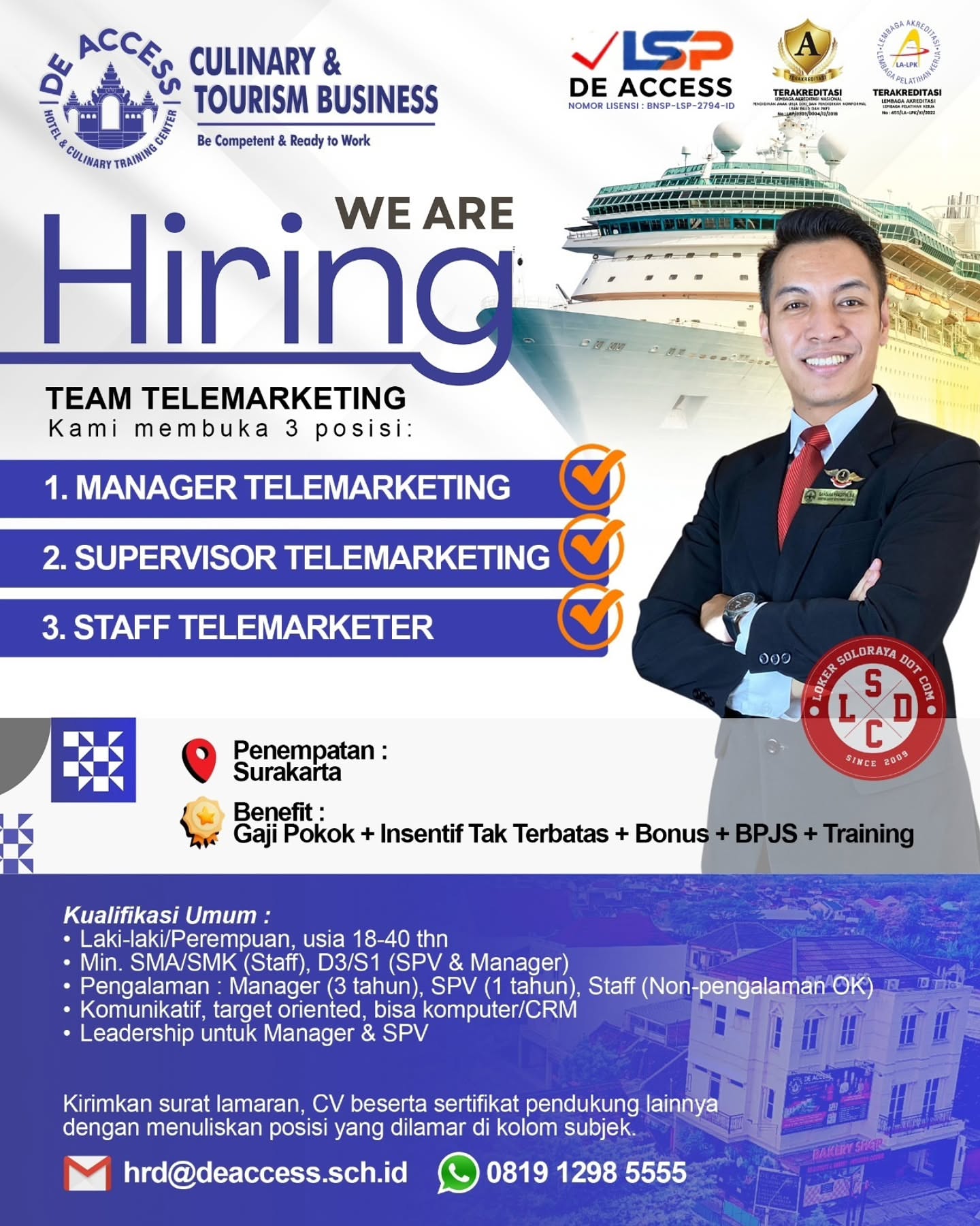 Poster Lowongan Kerja De Access Hotel & Culinary Training Centre
