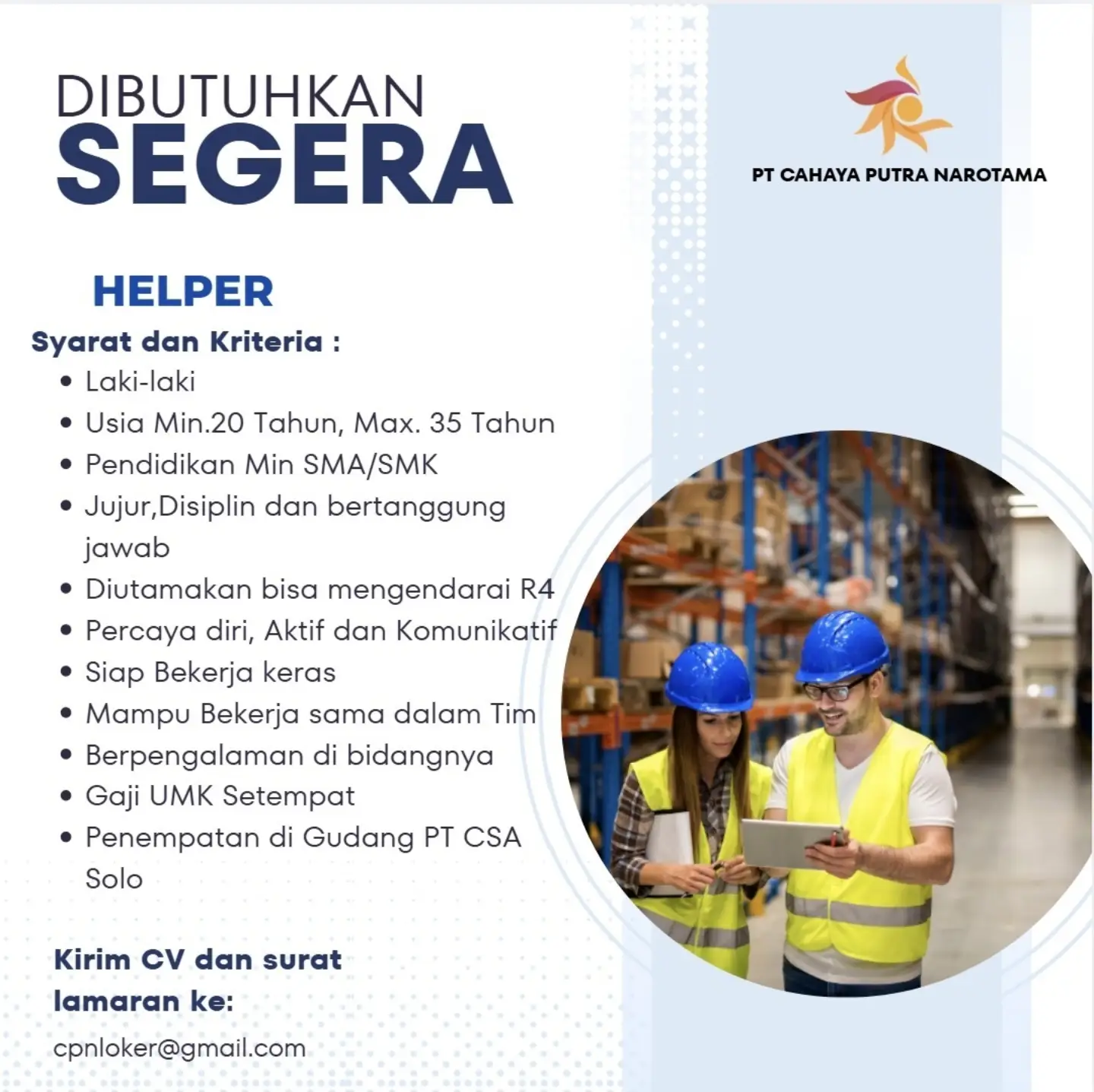Poster Lowongan Kerja Helper Gudang - PT Cahaya Putra Narotama