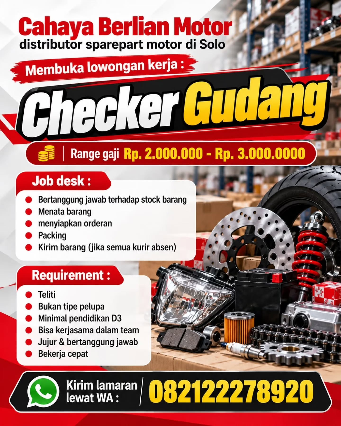 Poster Lowongan Kerja Checker Gudang - Cahaya Berlian Motor