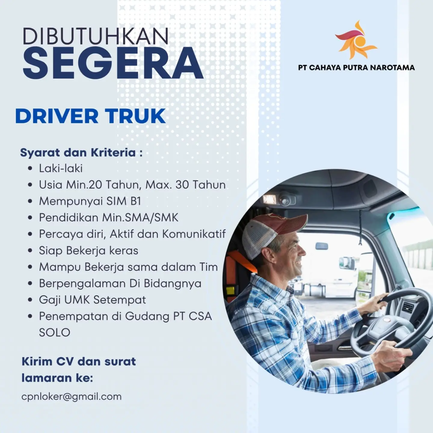 Poster Lowongan Kerja Driver Truk - PT Cahaya Putra Narotama