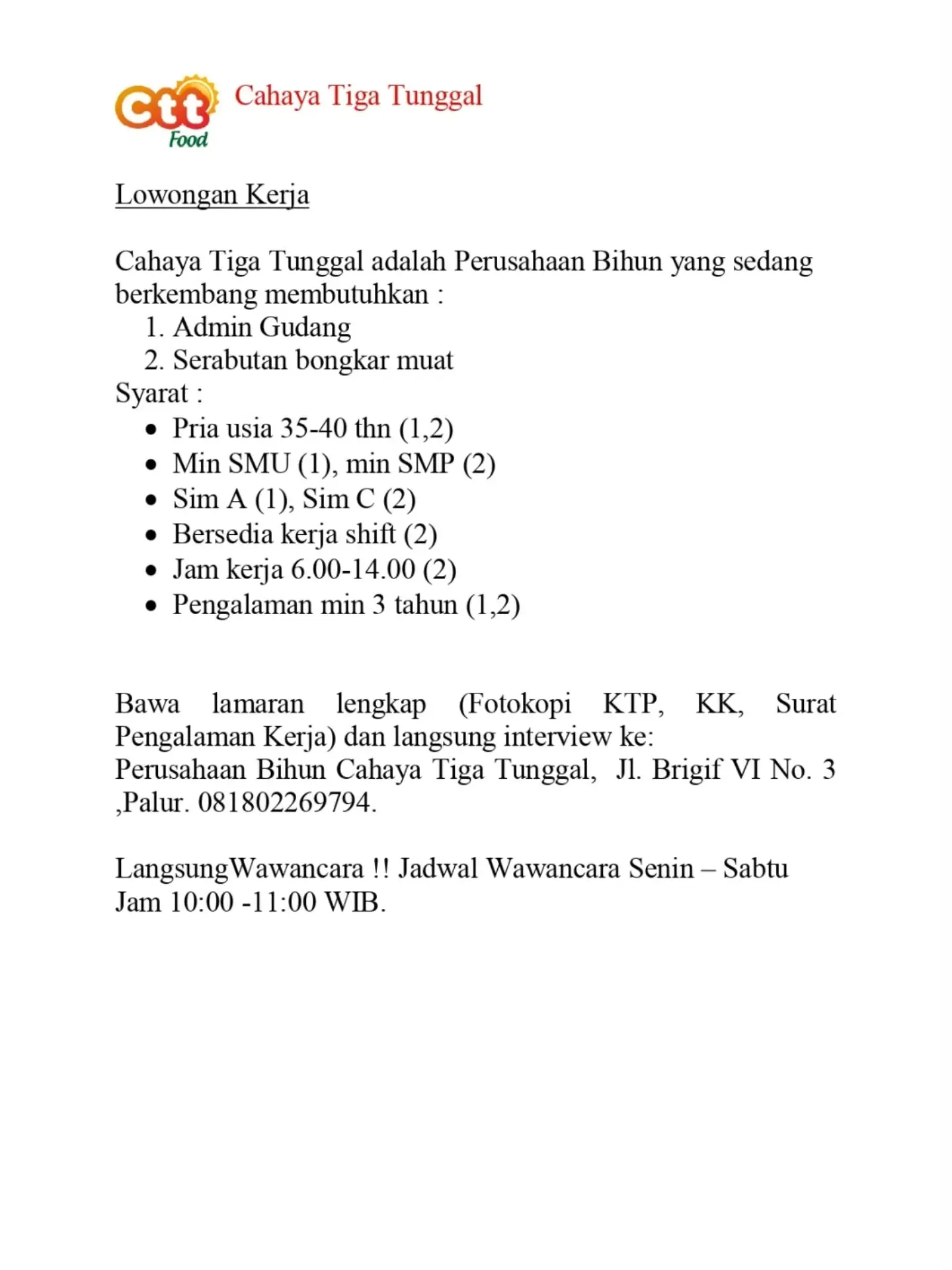 Poster Lowongan Kerja Cahaya Tiga Tunggal