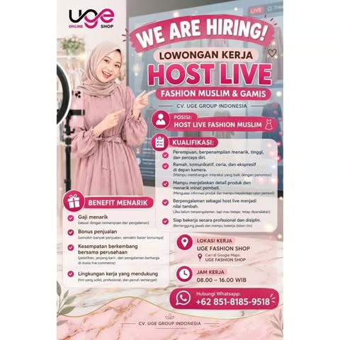 Poster Lowongan Kerja Host Live Fashion Muslim - CV. UGE Group Indonesia (UGE Fashion Shop)