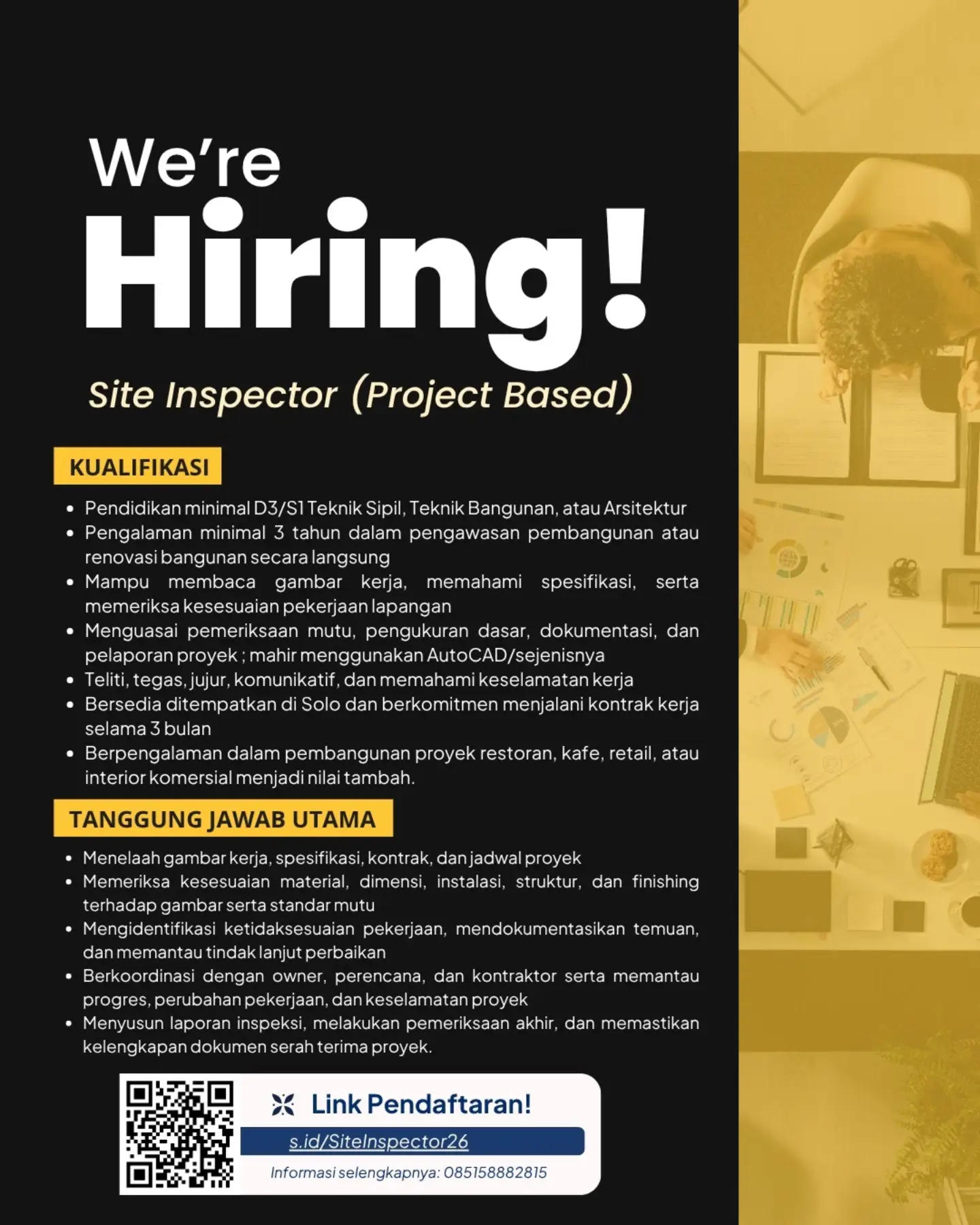 Poster Lowongan Kerja Site Inspector (Project Based) - Proyek Konstruksi Komersial