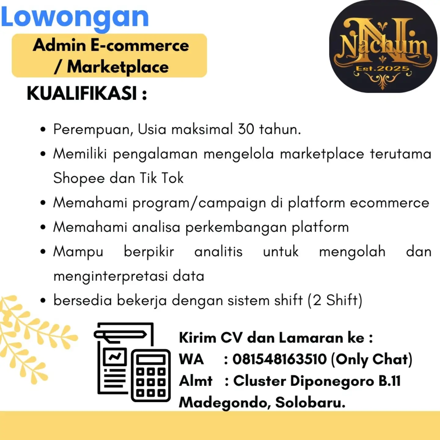 Poster Lowongan Kerja Admin E-commerce / Marketplace - Nachum