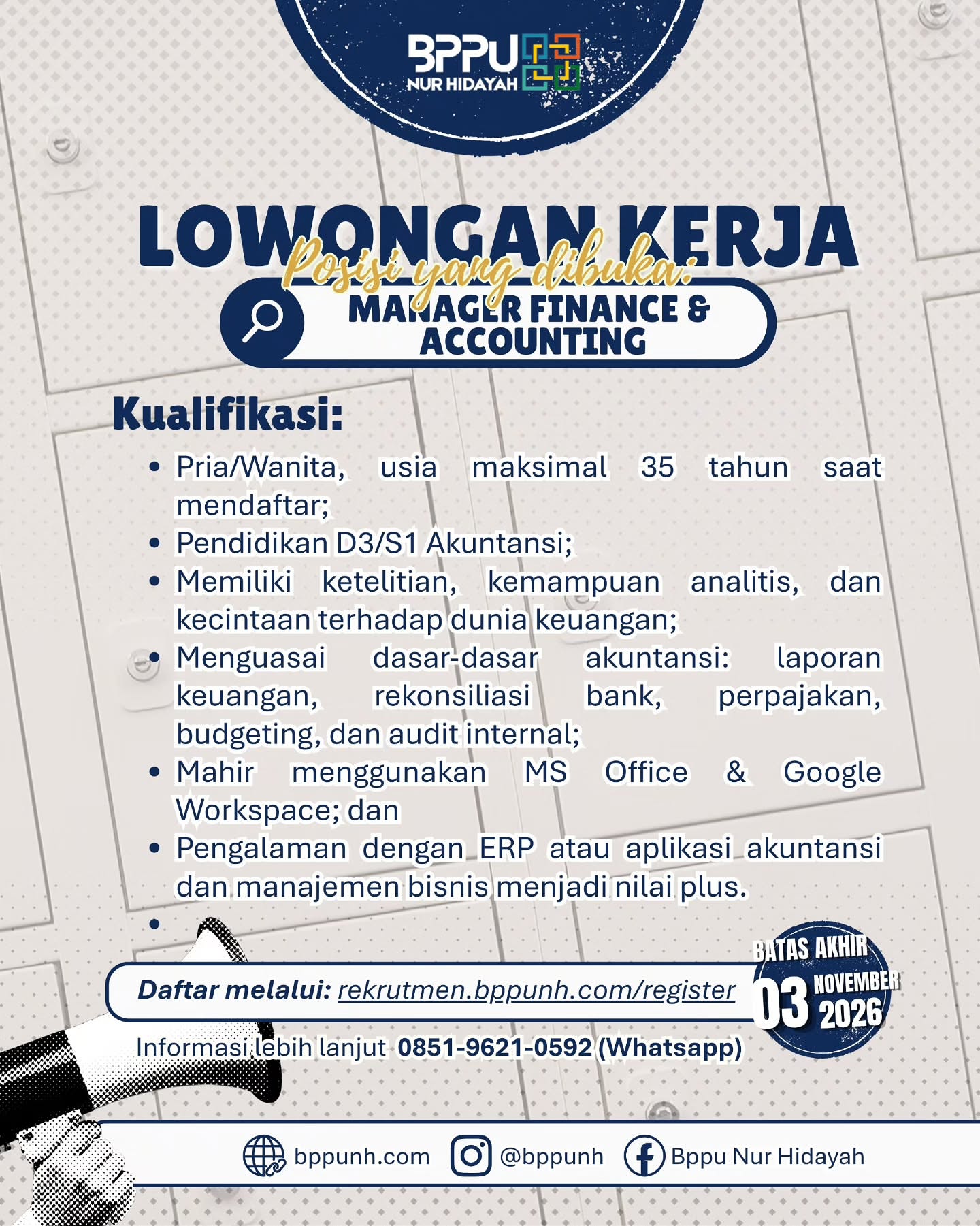 Poster Lowongan Kerja Manager Finance & Accounting - BPPU Nur Hidayah Surakarta