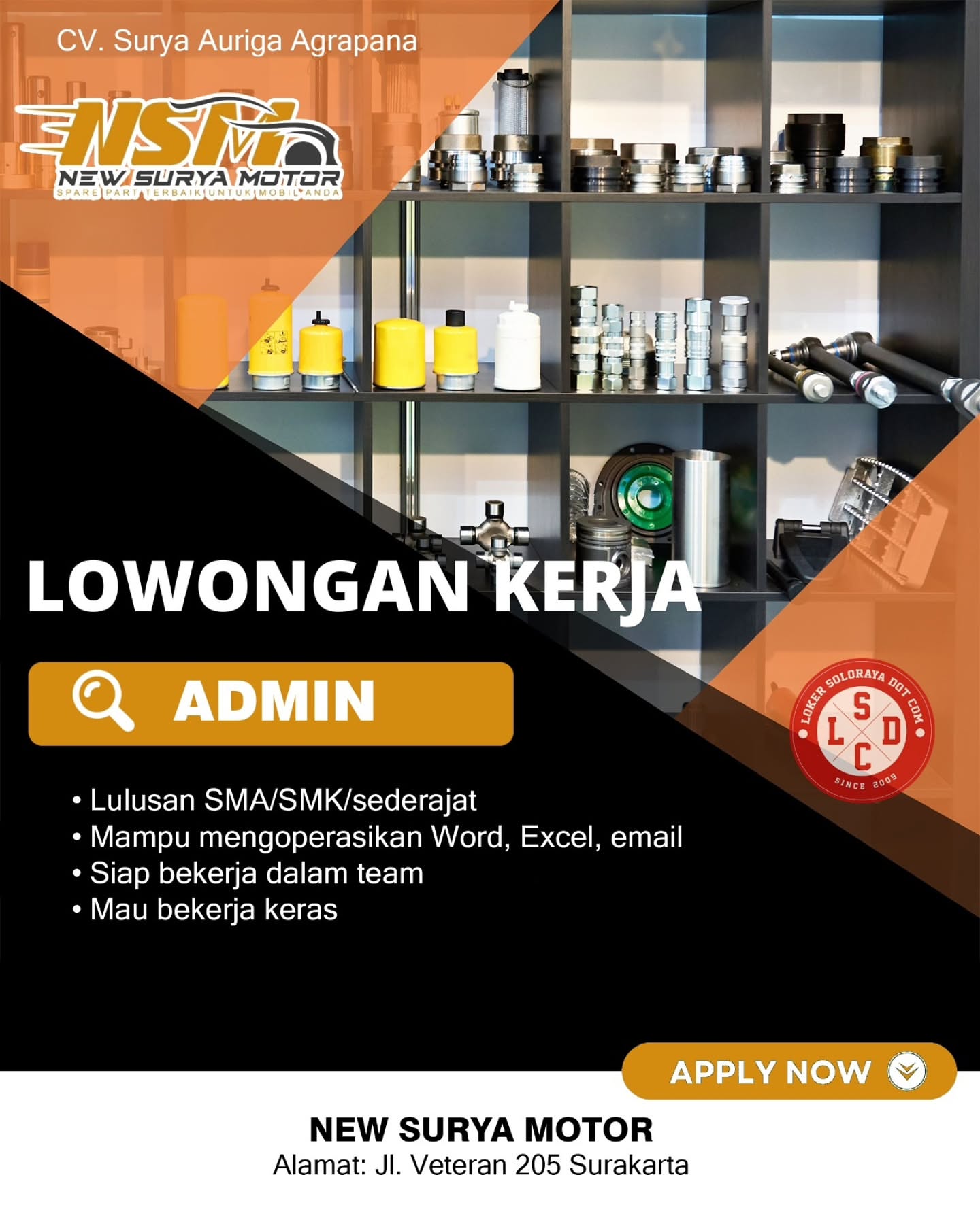 Poster Lowongan Kerja Admin - CV. Surya Auriga Agrapana (New Surya Motor)
