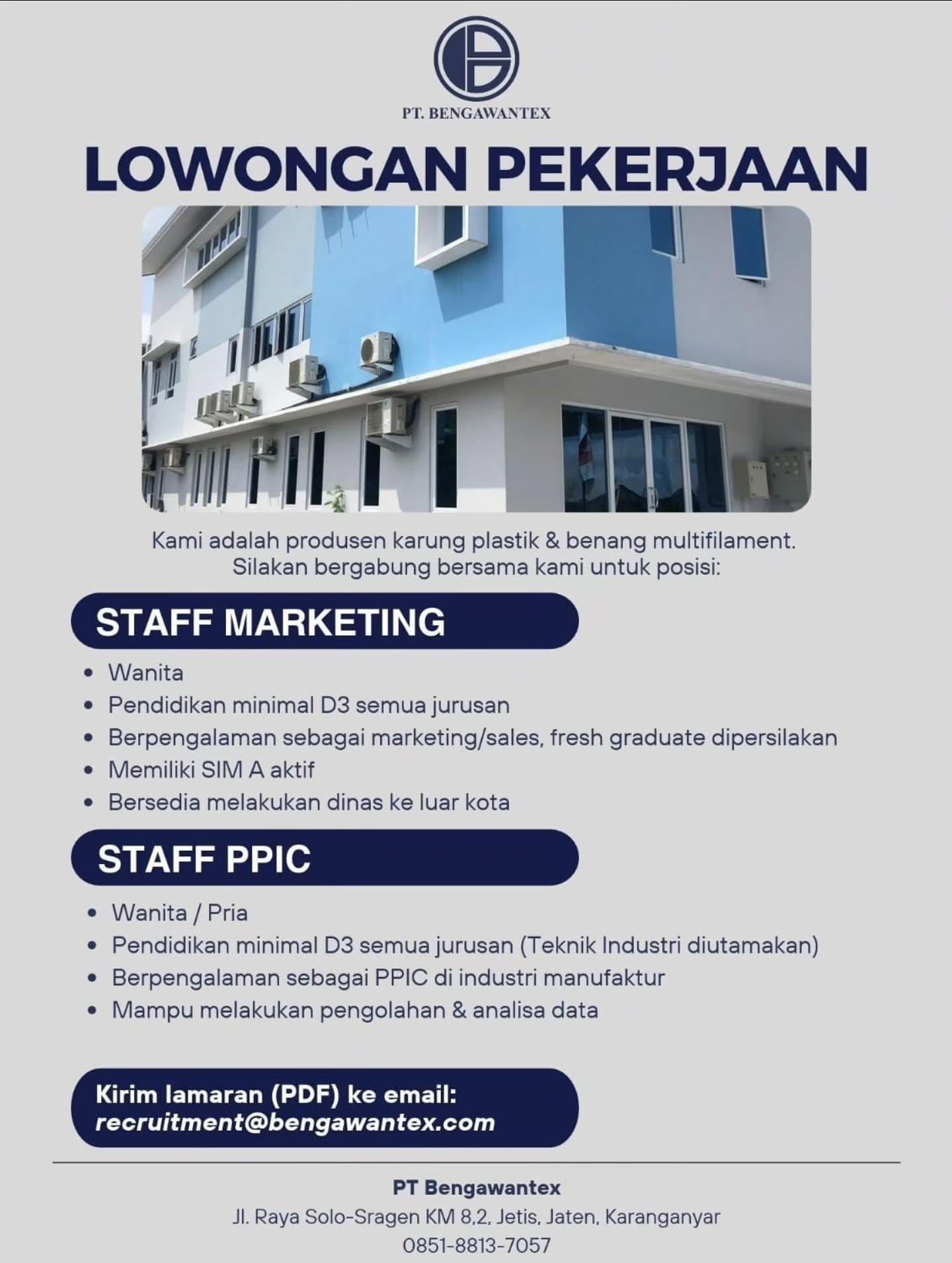 Poster Lowongan Kerja PT Bengawantex