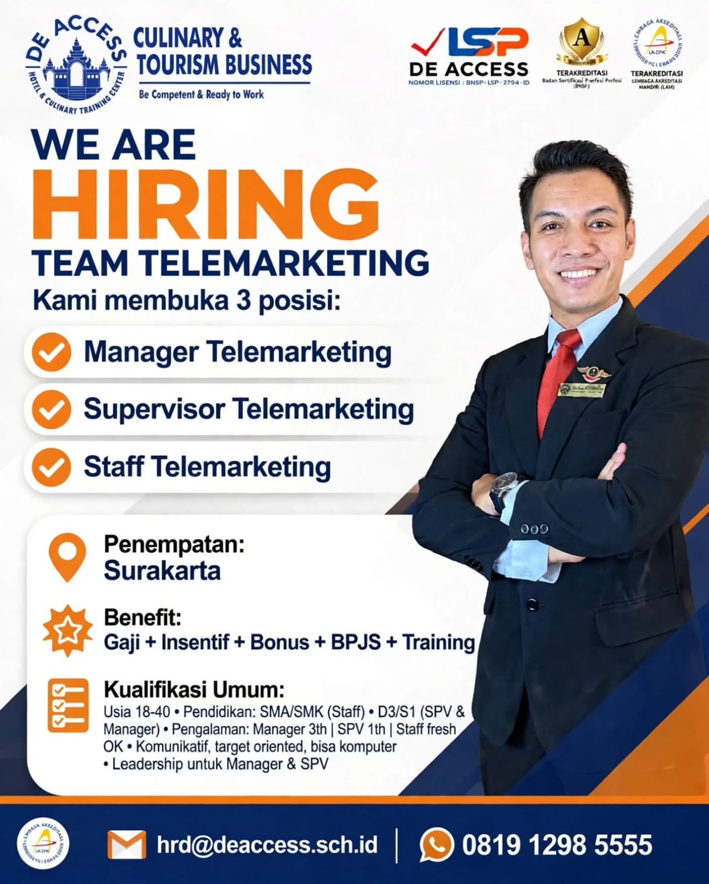 Poster Lowongan Kerja De Access Hotel & Culinary Training Center